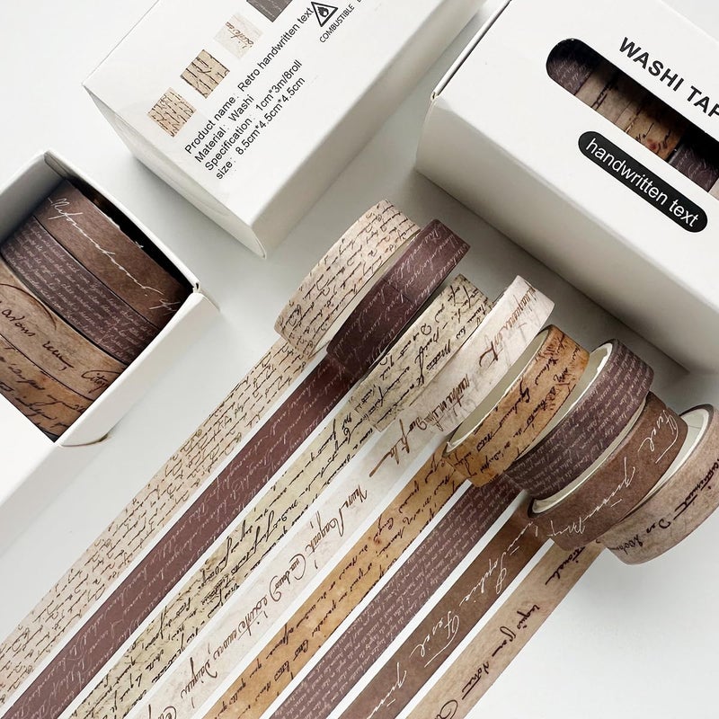 YUBX Vintage Washi Tape Set 8 Rolls Thin Retro Decorative Antique Patterns Masking Tapes for Arts, DIY Crafts, Journals, Planners, Scrapbook, Wrapping (Handwritten Text) - Image 5